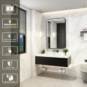 Twalsu 24x32 Inch LED Bathroom Mirror with Lights, Black Metal Framed LED Mirror for Bathroom, 3 Colors and Stepless Dimmable Wall Mounted Lighted Bathroom Vanity Mirror, Anti-Fog, Memory