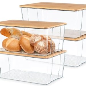 Hudgan 4 Pcs Acrylic Bread Box with Bamboo Lid, Bread Keeper Container for Homemade Bread, Clear Snack Storage Organizer