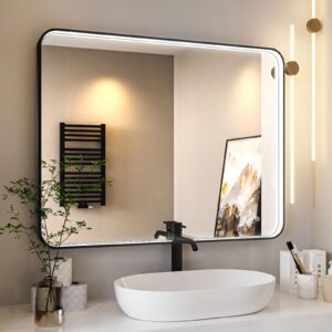 twalsu 28x36 inch led bathroom mirror with lights, black metal framed led mirror for bathroom, 3 colors and stepless dimmable wall mounted lighted bathroom vanity mirror, anti-fog, memory