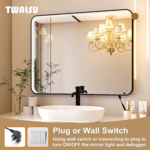 Twalsu 28x36 Inch LED Bathroom Mirror with Lights, Black Metal Framed LED Mirror for Bathroom, 3 Colors and Stepless Dimmable Wall Mounted Lighted Bathroom Vanity Mirror, Anti-Fog, Memory