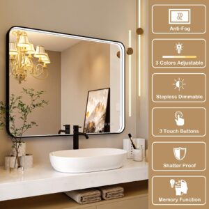 Twalsu 28x36 Inch LED Bathroom Mirror with Lights, Black Metal Framed LED Mirror for Bathroom, 3 Colors and Stepless Dimmable Wall Mounted Lighted Bathroom Vanity Mirror, Anti-Fog, Memory