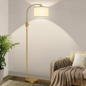 【upgraded】 dimmable floor lamp, 1200 lumens led bulb included, gold arc floor lamps for living room modern standing lamp with linen shade, tall lamp for living room bedroom office reading room nursery
