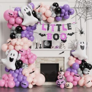 pageebo halloween little boo balloon arch kit- rose pink purple balloons with cute ghost balloons little boo banner bat wall stickers for baby shower birthday party halloween party decoration