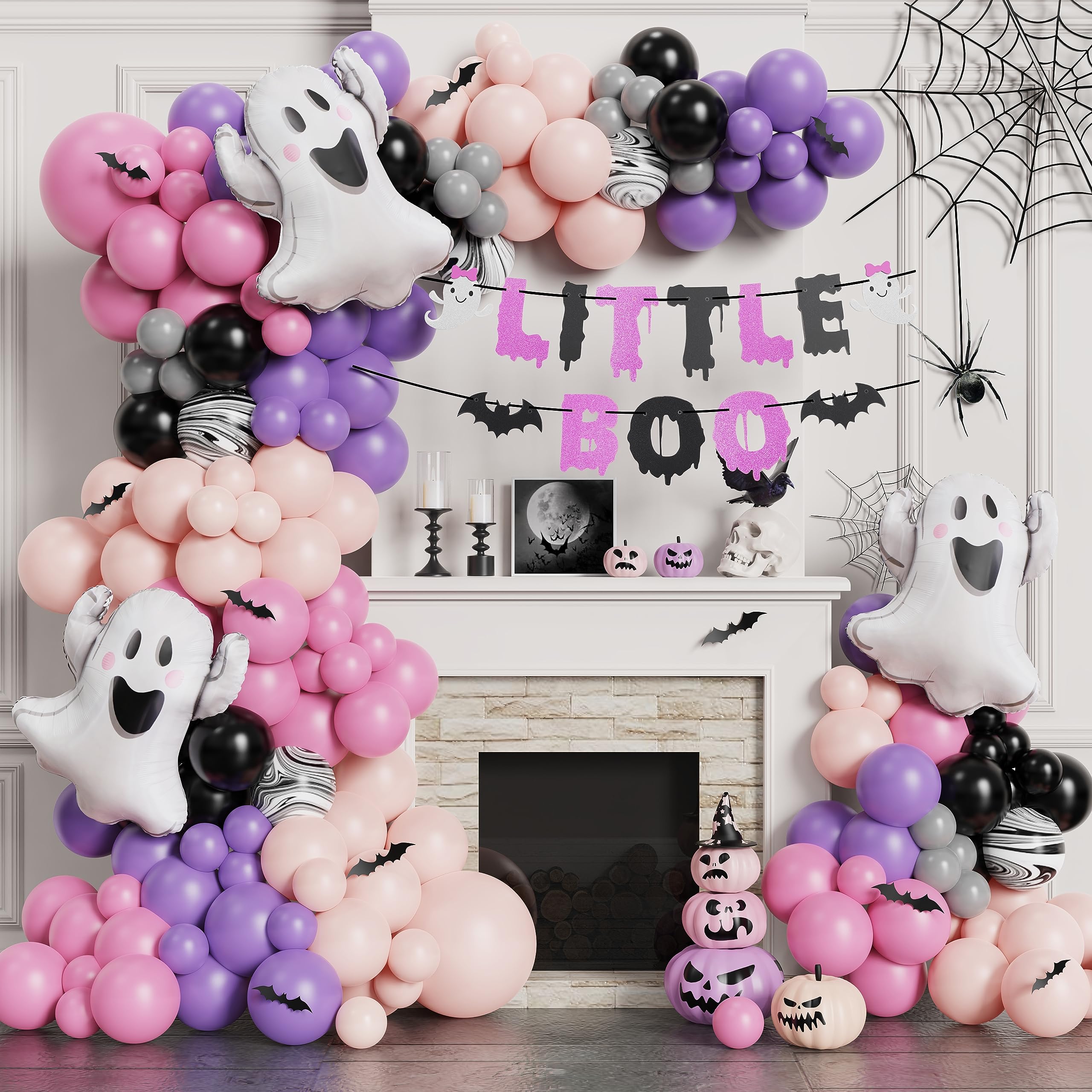 PageebO Halloween Little Boo Balloon Arch Kit- Rose Pink Purple Balloons with Cute Ghost Balloons Little Boo Banner Bat Wall Stickers for Baby Shower Birthday Party Halloween Party Decoration