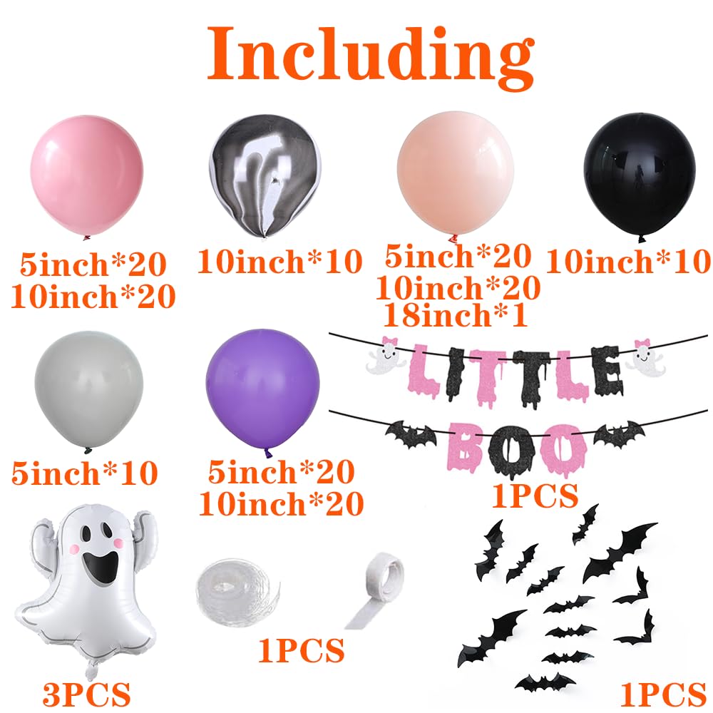 PageebO Halloween Little Boo Balloon Arch Kit- Rose Pink Purple Balloons with Cute Ghost Balloons Little Boo Banner Bat Wall Stickers for Baby Shower Birthday Party Halloween Party Decoration