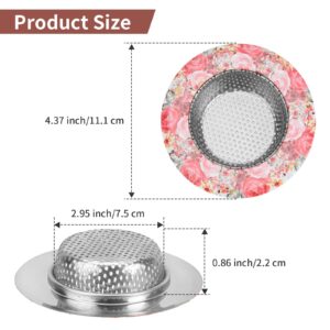 Kitchen Sink Drain Strainer, Raings 2Pcs Sink Drain Strainer Stainless Steel, Floral Sink Strainers with Large Wide Rim 4.5" Diameter for Most Kitchen Sink Drain Basket, Pink Rose Flower