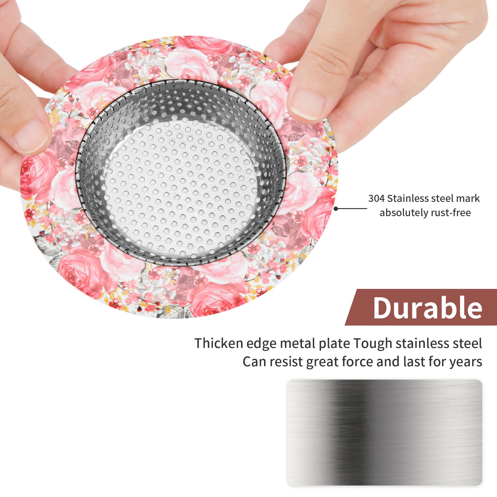 Kitchen Sink Drain Strainer, Raings 2Pcs Sink Drain Strainer Stainless Steel, Floral Sink Strainers with Large Wide Rim 4.5" Diameter for Most Kitchen Sink Drain Basket, Pink Rose Flower
