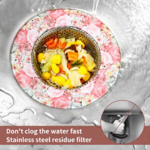 Kitchen Sink Drain Strainer, Raings 2Pcs Sink Drain Strainer Stainless Steel, Floral Sink Strainers with Large Wide Rim 4.5" Diameter for Most Kitchen Sink Drain Basket, Pink Rose Flower