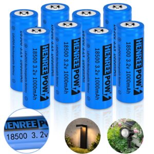 henreepow 18500 rechargeable battery, 3.2v lifepo4 lithium phosphate battery 1000mah for outdoor garden solar lights, flashlight (8 pack)
