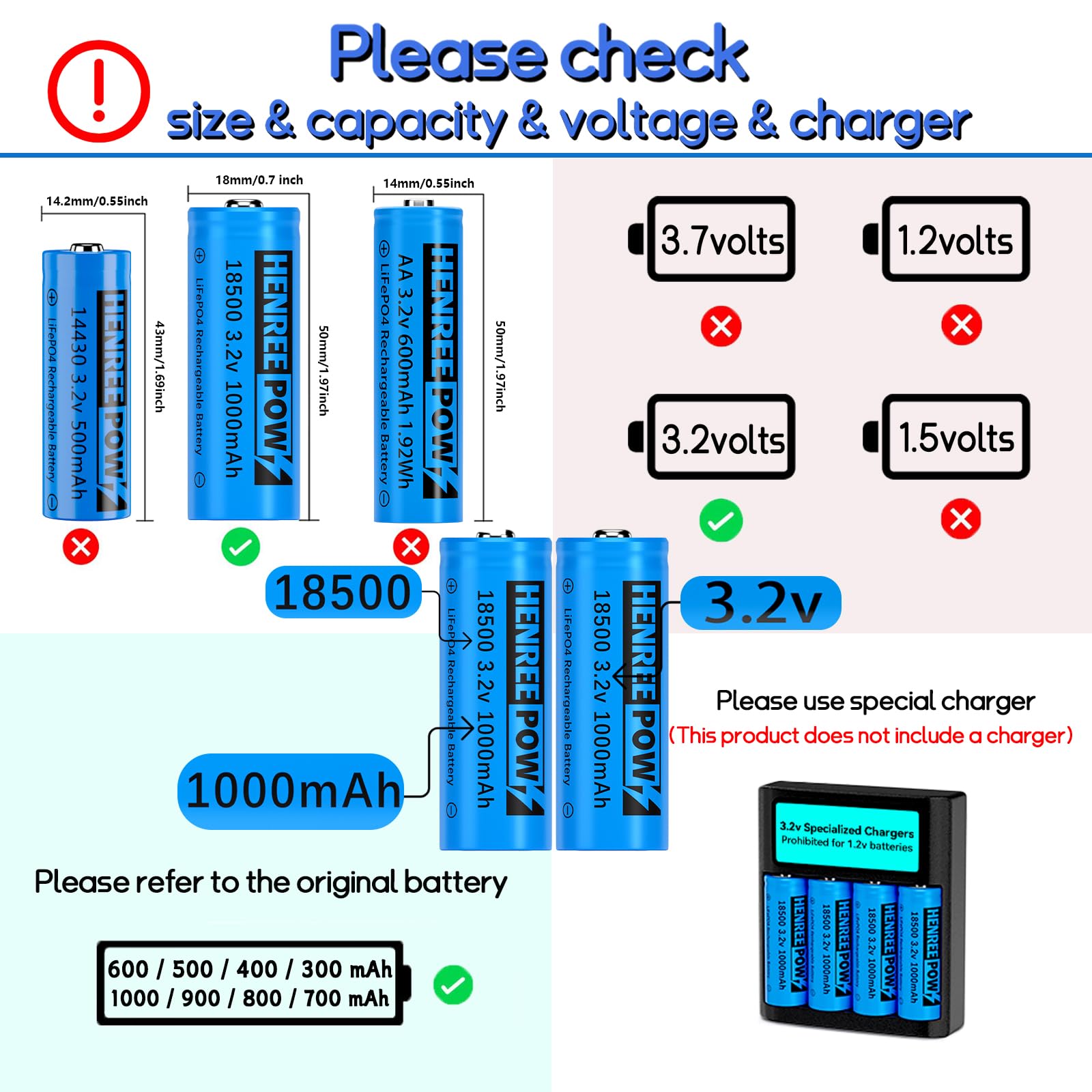 Henreepow 18500 Rechargeable Battery, 3.2v LiFePO4 Lithium Phosphate Battery 1000mAh for Outdoor Garden Solar Lights, Flashlight (8 Pack)