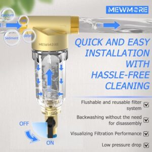 MewMore WHC40 Sediment Filter, 40 & 100 & 200 Micron Reusable Spin Down Sediment Water Filter, Whole House Water Filter for Well Water, Home Pre-filtration System, 1" MNPT + 3/4" FNPT + 3/4"MNPT