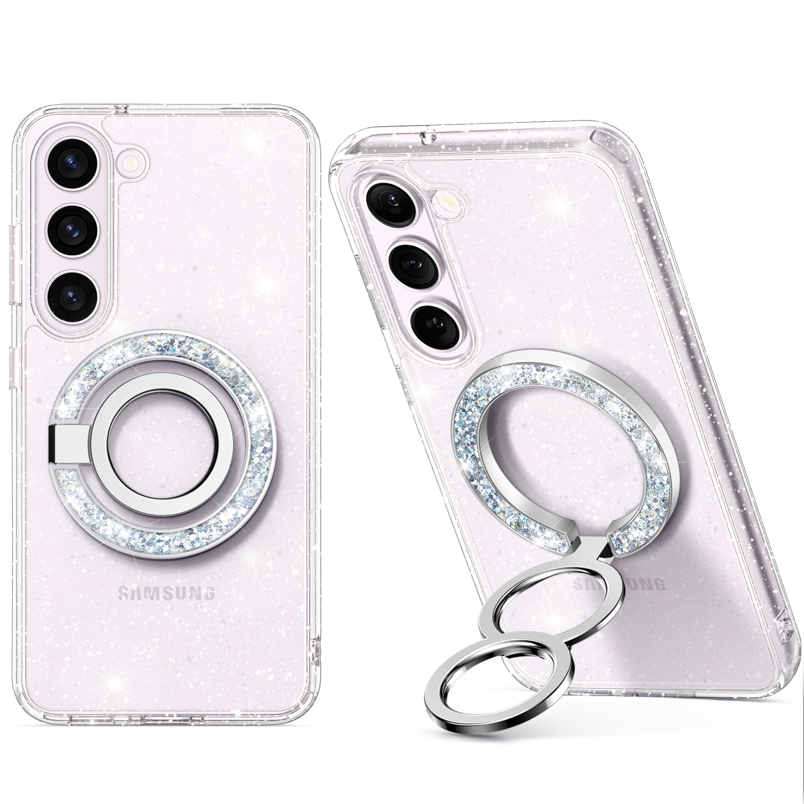 GVIEWIN Bundle - Compatible with Samsung Galaxy S23 Case (Glitter) + Magnetic Phone Ring Holder (Glitter/Silver)