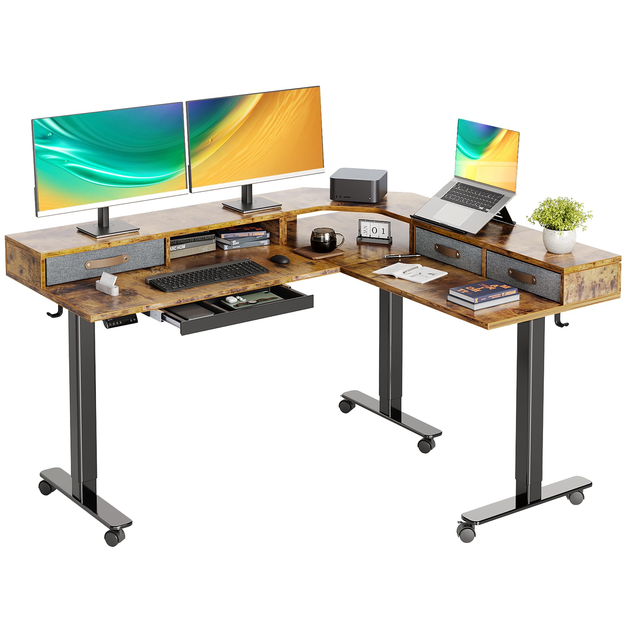 Claiks Triple Motor 63" L Shaped Standing Desk with Drawers, Electric Standing Desk Adjustable Height, Corner Stand up Desk with Splice Board, Black Frame/Rustic Brown Top