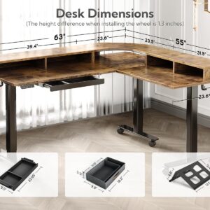 Claiks Triple Motor 63" L Shaped Standing Desk with Drawers, Electric Standing Desk Adjustable Height, Corner Stand up Desk with Splice Board, Black Frame/Rustic Brown Top