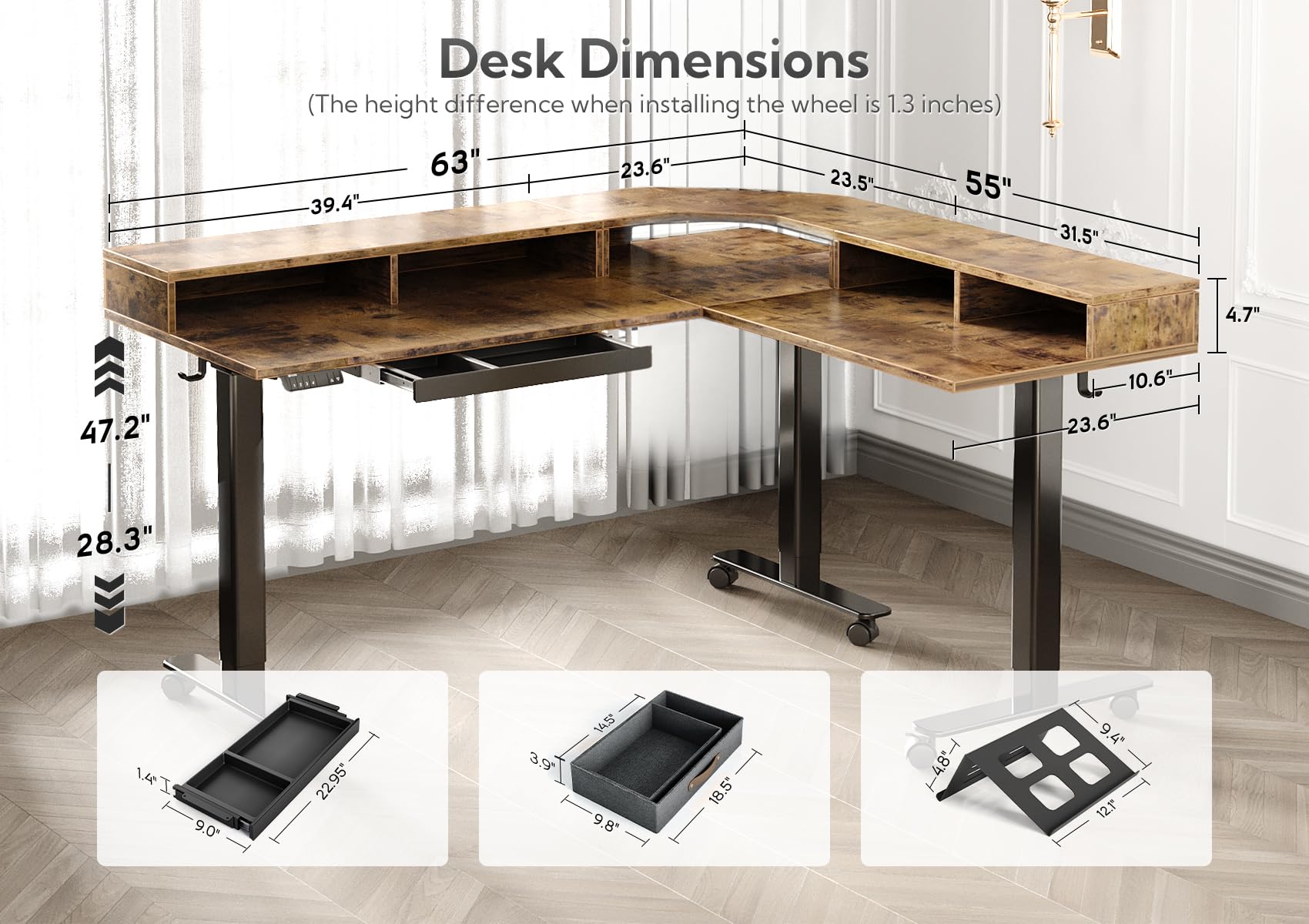 Claiks Triple Motor 63" L Shaped Standing Desk with Drawers, Electric Standing Desk Adjustable Height, Corner Stand up Desk with Splice Board, Black Frame/Rustic Brown Top