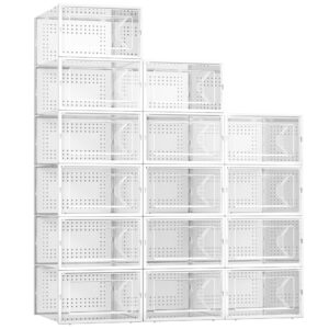 kuject 15 pack shoe storage boxes, large clear plastic stackable shoe organizer for closet, connect left and right shoe boxes case container bin for entryway, drop front, fit for size 10(white)