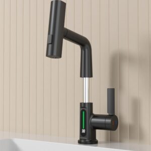 Weirun Bathroom Single Handle Basin Sink Pull Out Faucet with Rainfall Spray Head Temperature Digital Display Vanity Mixer Tap Matte Black