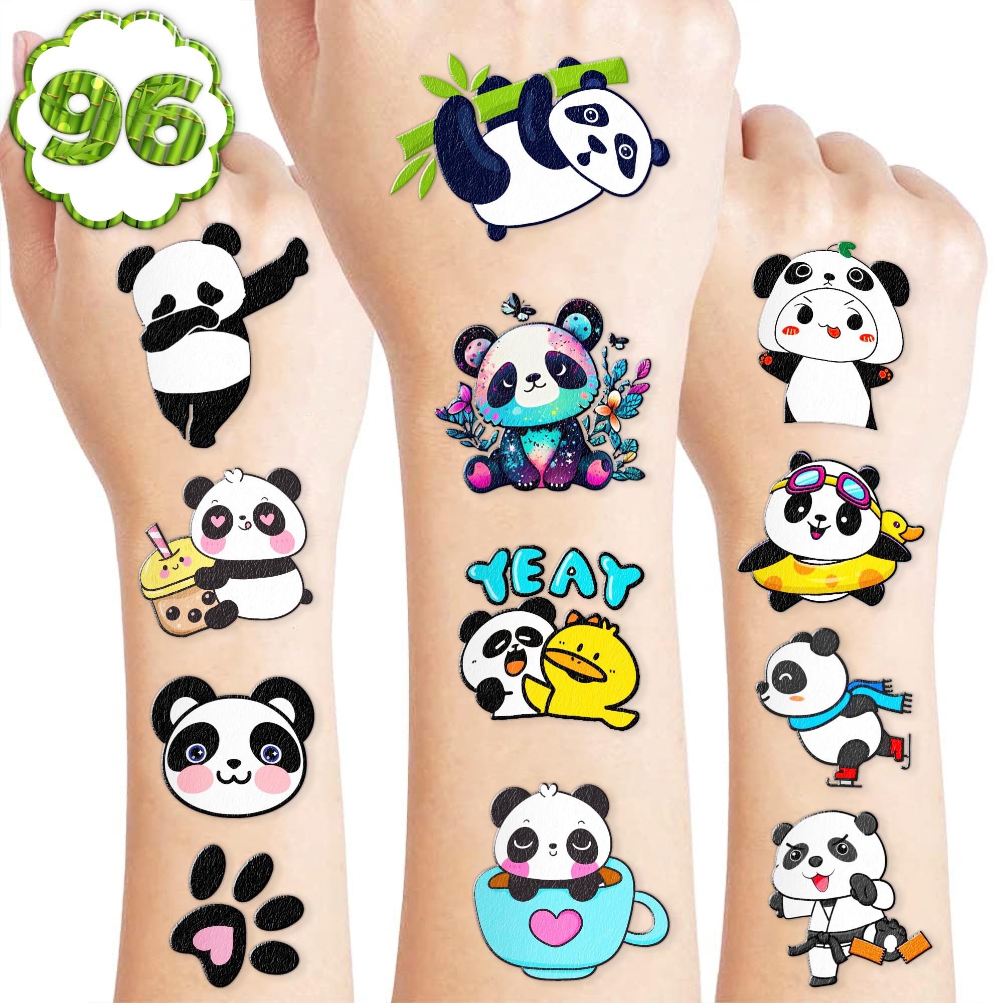 Panda Temporary Tattoos for Kids Themed Panda Birthday Party Supplies, Decorations, and Gifts for Kids Super Cute 96PCS Tattoos Stickers for Girls and Boys, Classroom Prizes, Christmas Fun