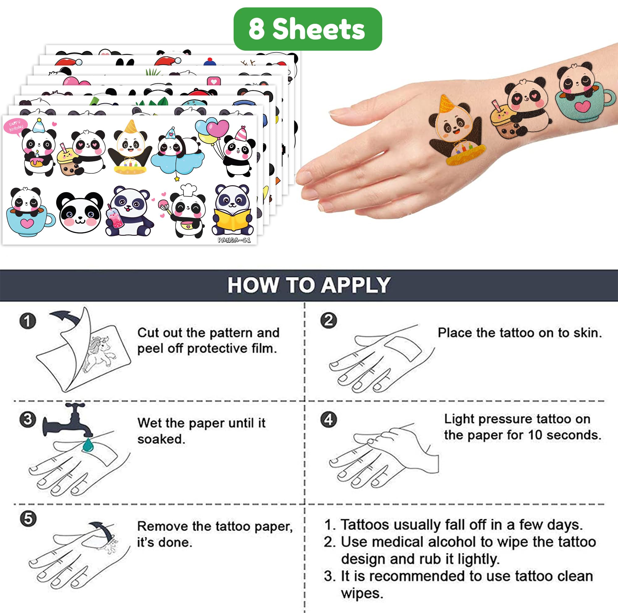 Panda Temporary Tattoos for Kids Themed Panda Birthday Party Supplies, Decorations, and Gifts for Kids Super Cute 96PCS Tattoos Stickers for Girls and Boys, Classroom Prizes, Christmas Fun