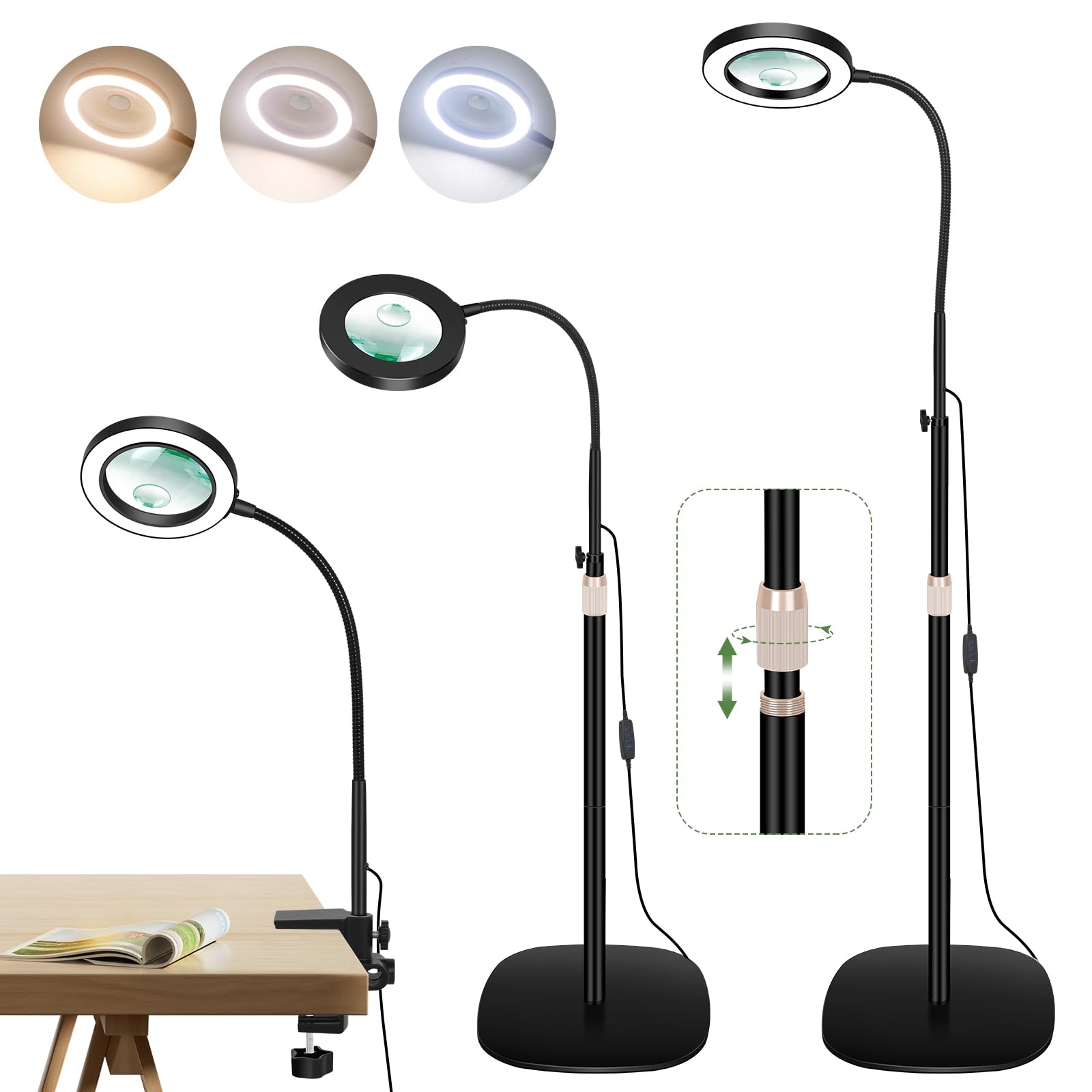 GEYOTAR 10X&5X Magnifying Glass with Light, 3-in-1 Magnifying Floor Lamp, Flexible Goose Neck, 3 Color Modes 10 Levels Dimmable LED Lighted Magnifier Lamp for Home Office Close Wrok Reading Hands Free