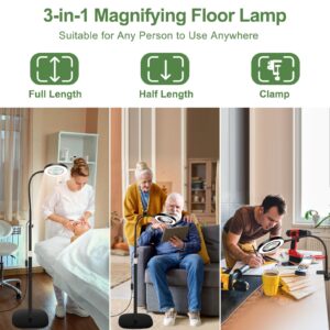 GEYOTAR 10X&5X Magnifying Glass with Light, 3-in-1 Magnifying Floor Lamp, Flexible Goose Neck, 3 Color Modes 10 Levels Dimmable LED Lighted Magnifier Lamp for Home Office Close Wrok Reading Hands Free