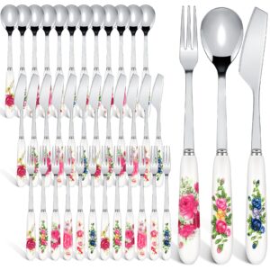 dandat 72 pcs dessert silverware set tea party stainless steel dinner flatware bulk wedding dessert spoons knives forks with ceramic handle for spring coffee salad cake tea party gifts, service for 24