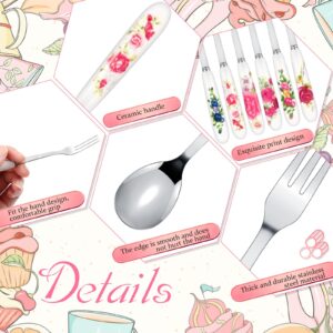 Dandat 72 Pcs Dessert Silverware Set Tea Party Stainless Steel Dinner Flatware Bulk Wedding Dessert Spoons Knives Forks with Ceramic Handle for Spring Coffee Salad Cake Tea Party Gifts, Service for 24