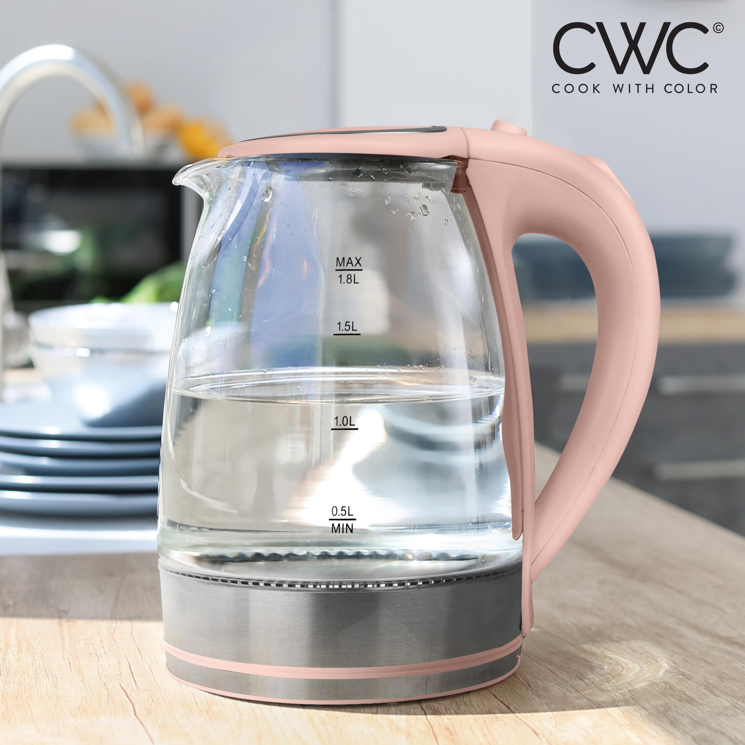COOK WITH COLOR Glass Electric Kettle 1.8L - Rapid Boil, Sleek Design, and Safety Features - Great for Quick and Easy, Blush
