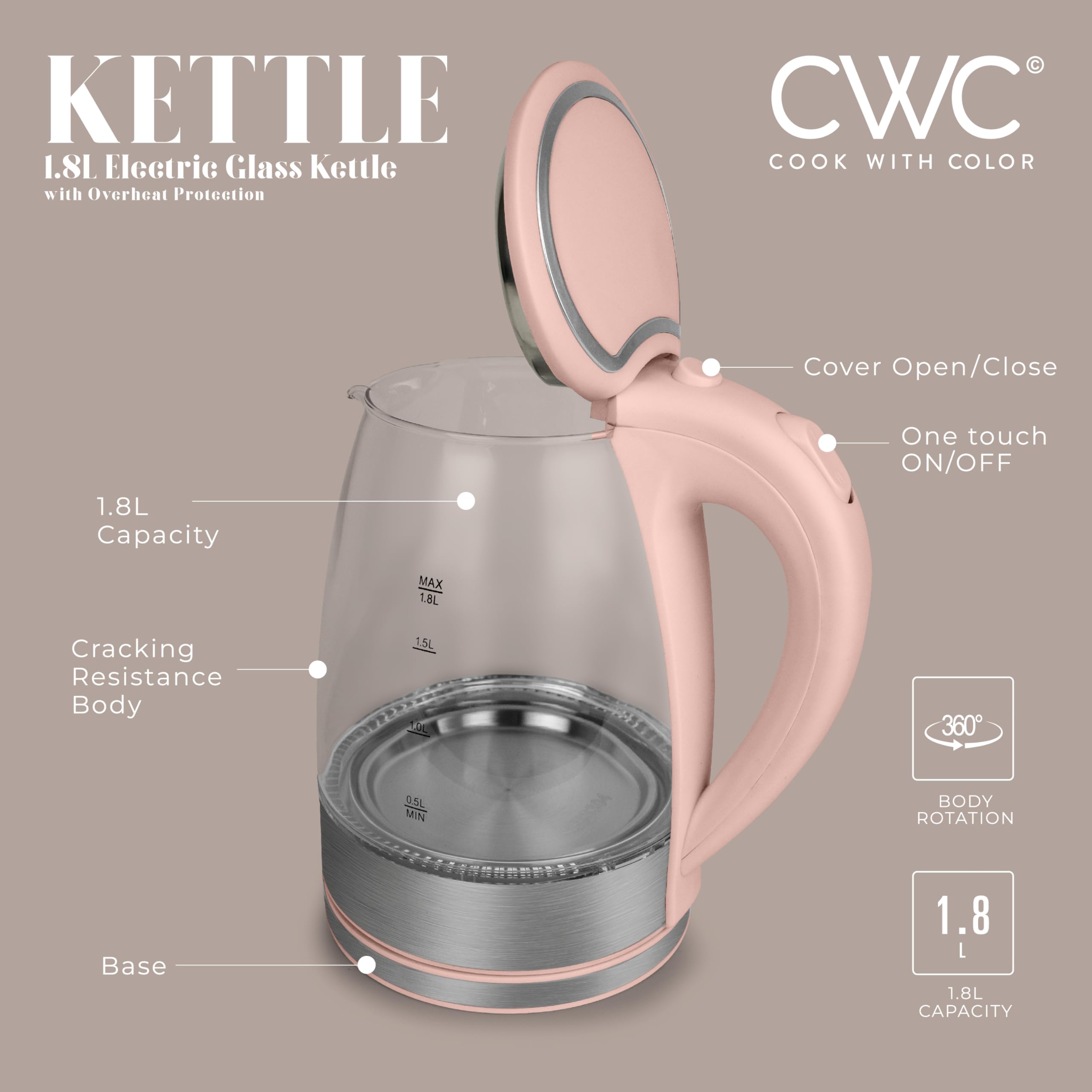 COOK WITH COLOR Glass Electric Kettle 1.8L - Rapid Boil, Sleek Design, and Safety Features - Great for Quick and Easy, Blush