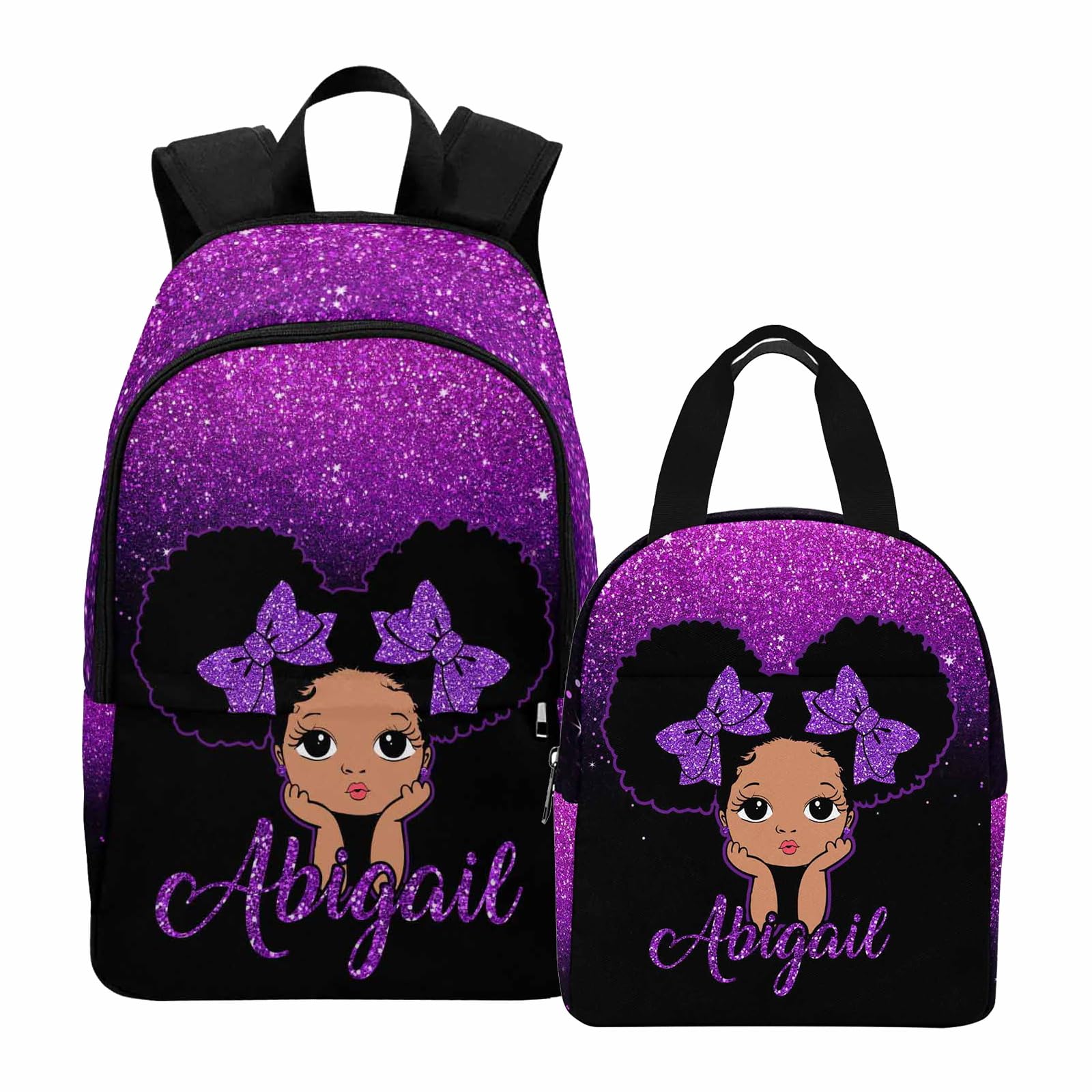 InterestPrint Personalized Schoolbag Set for Daughter from Mom, Custom Purple Glitter Shoulders Bag Customized Name Backpack Lunchbox Set Casual Daypack for Teenagers