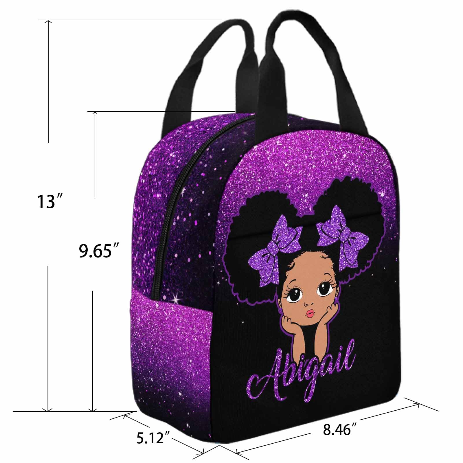 InterestPrint Personalized Schoolbag Set for Daughter from Mom, Custom Purple Glitter Shoulders Bag Customized Name Backpack Lunchbox Set Casual Daypack for Teenagers