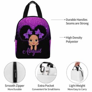 InterestPrint Personalized Schoolbag Set for Daughter from Mom, Custom Purple Glitter Shoulders Bag Customized Name Backpack Lunchbox Set Casual Daypack for Teenagers
