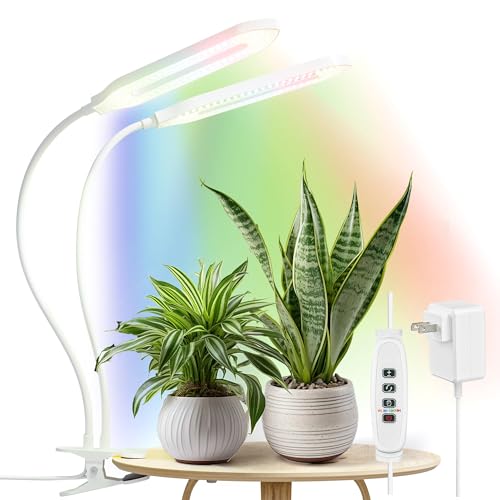 Diivoo Grow Light for Indoor Plants, Full Spectrum Dual Head Grow Lamp with Clips, 10 Level Dimmable Brightness & 4 Automatic Timer, LED Plant Lights with 360 Spin Gooseneck for Potted Flowers, Plant