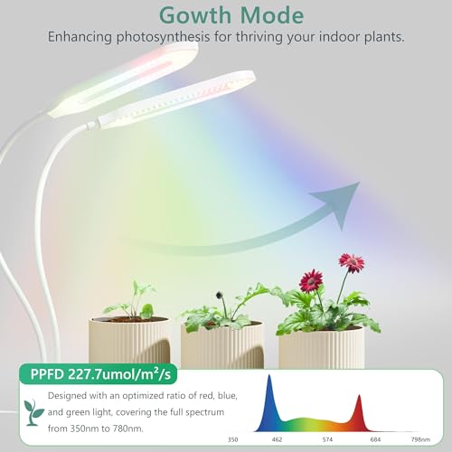 Diivoo Grow Light for Indoor Plants, Full Spectrum Dual Head Grow Lamp with Clips, 10 Level Dimmable Brightness & 4 Automatic Timer, LED Plant Lights with 360 Spin Gooseneck for Potted Flowers, Plant