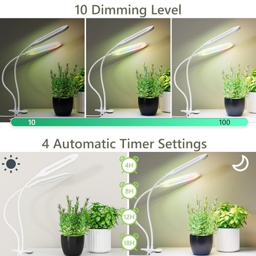 Diivoo Grow Light for Indoor Plants, Full Spectrum Dual Head Grow Lamp with Clips, 10 Level Dimmable Brightness & 4 Automatic Timer, LED Plant Lights with 360 Spin Gooseneck for Potted Flowers, Plant