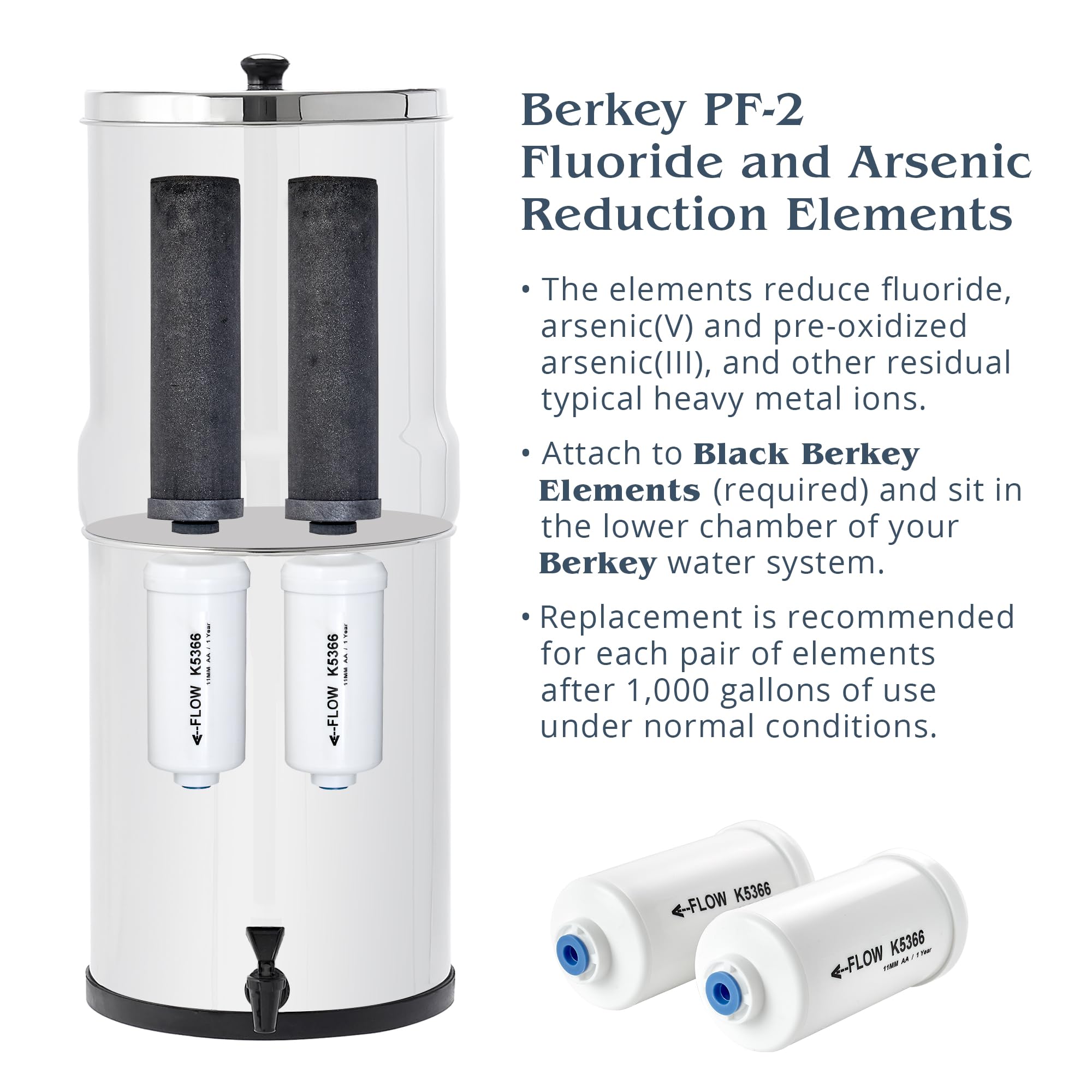 Big Berkey Gravity-Fed Water Filter System 2.25 Gallon with 2 Black Berkey Elements, 2 Berkey PF-2 Fluoride and Arsenic Reduction Elements