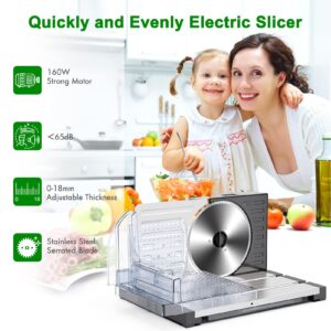 Foldable Electric Meat Slicer Machine, SASA ROCOO Home Use Food Slicer, 0-18mm Adjustable Slice Thickness,Removable Stainless Steel Blade,Detachable Design,Safe Child Lock Protection-Silver