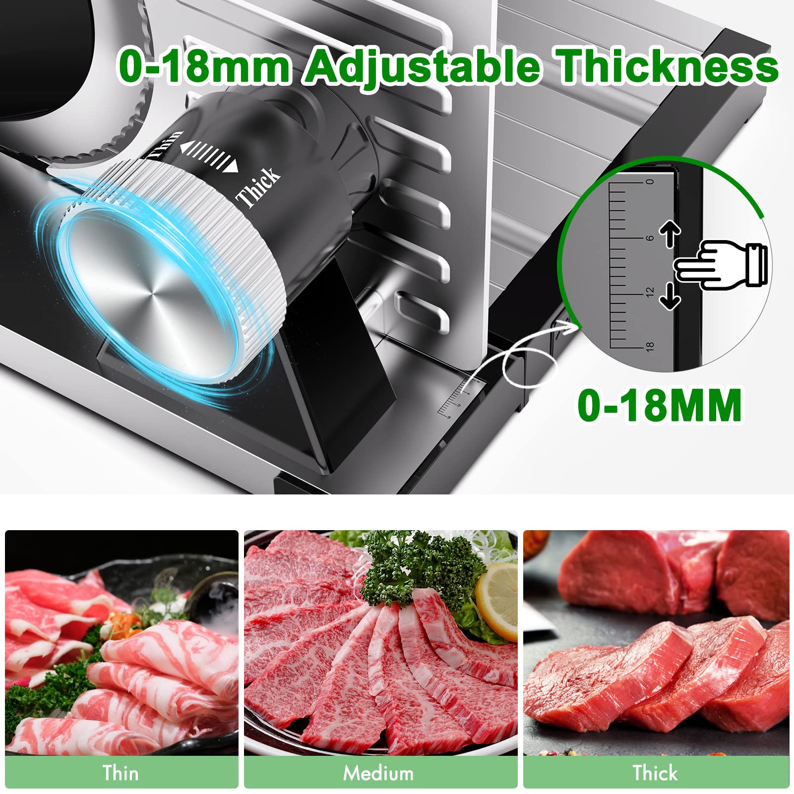 Foldable Electric Meat Slicer Machine, SASA ROCOO Home Use Food Slicer, 0-18mm Adjustable Slice Thickness,Removable Stainless Steel Blade,Detachable Design,Safe Child Lock Protection-Silver