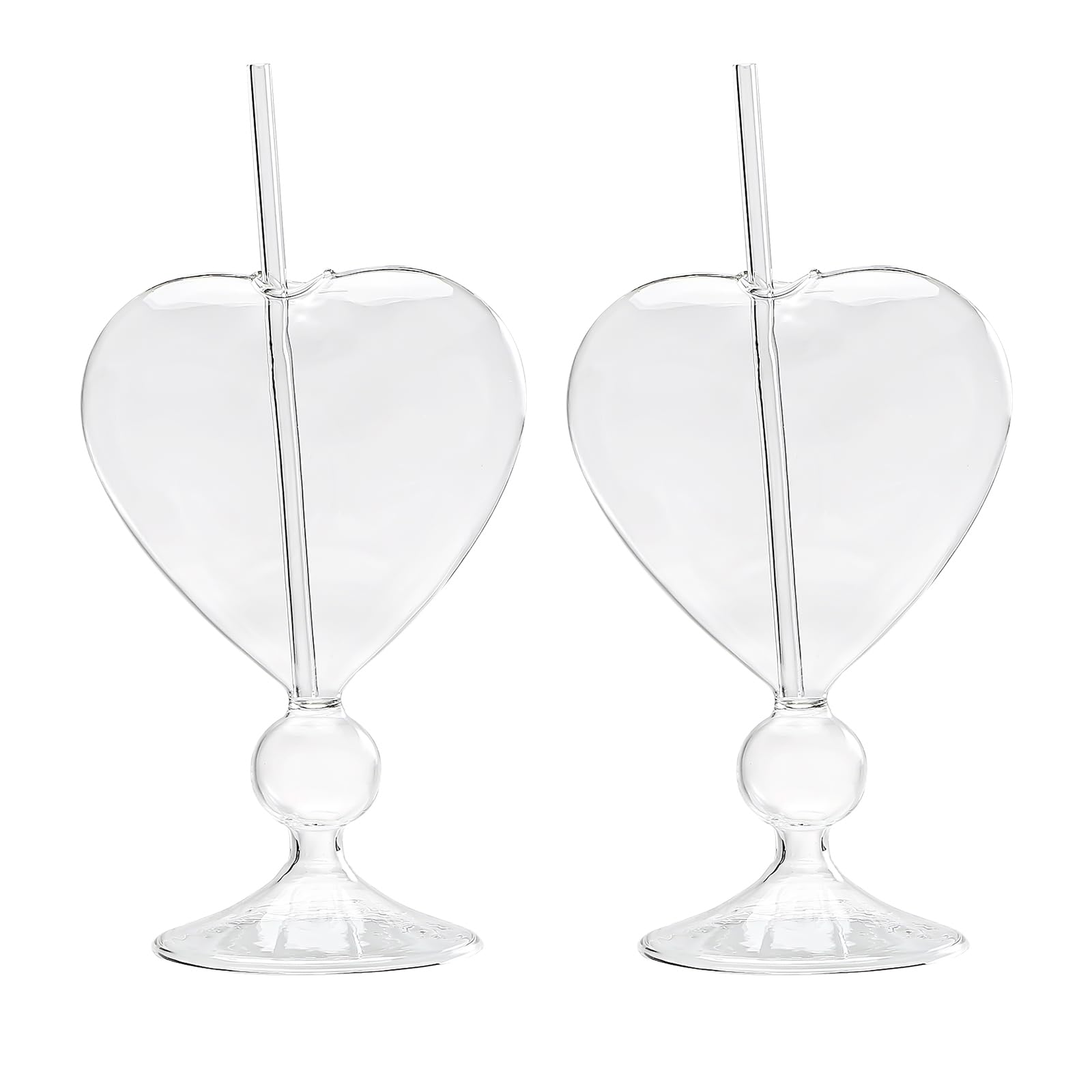 8 Oz Unique Cocktail Glasses Set of 2 Creative Heart Shaped Wine Glasses with Straw Romantic Drinking Glasses Juice Glasses for Wedding Home Bar Party(Glossy)