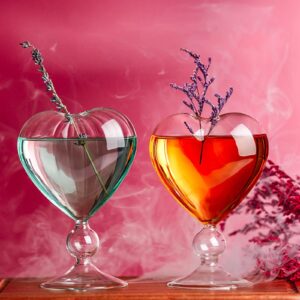 8 Oz Unique Cocktail Glasses Set of 2 Creative Heart Shaped Wine Glasses with Straw Romantic Drinking Glasses Juice Glasses for Wedding Home Bar Party(Glossy)
