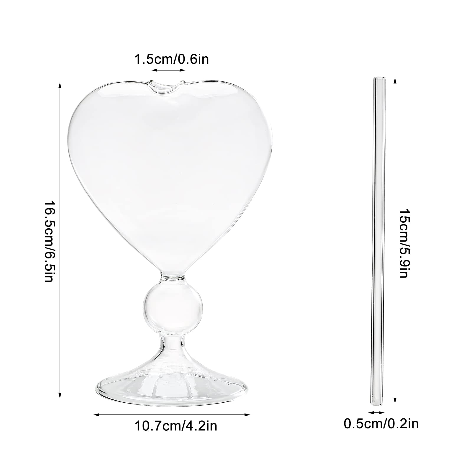 8 Oz Unique Cocktail Glasses Set of 2 Creative Heart Shaped Wine Glasses with Straw Romantic Drinking Glasses Juice Glasses for Wedding Home Bar Party(Glossy)