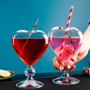 8 Oz Unique Cocktail Glasses Set of 2 Creative Heart Shaped Wine Glasses with Straw Romantic Drinking Glasses Juice Glasses for Wedding Home Bar Party(Glossy)
