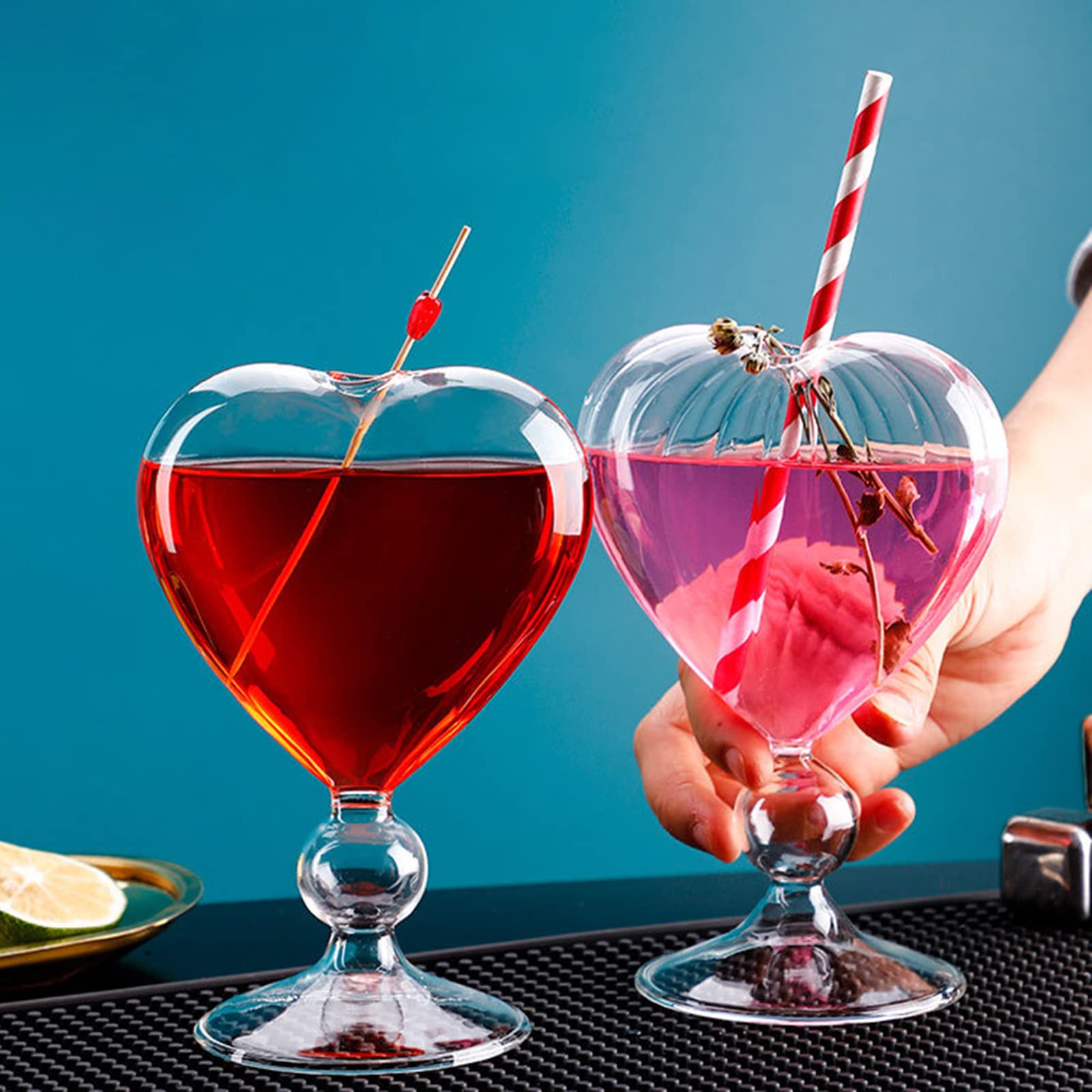 8 Oz Unique Cocktail Glasses Set of 2 Creative Heart Shaped Wine Glasses with Straw Romantic Drinking Glasses Juice Glasses for Wedding Home Bar Party(Glossy)