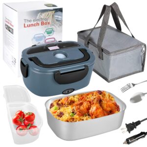 phiwills 80w electric lunch box 1.5l container food warmer heater, 12v/24v/110v heated lunchbox for car/truck/work with 0.45l compartment, stainless steel spoon & fork, insulated bag