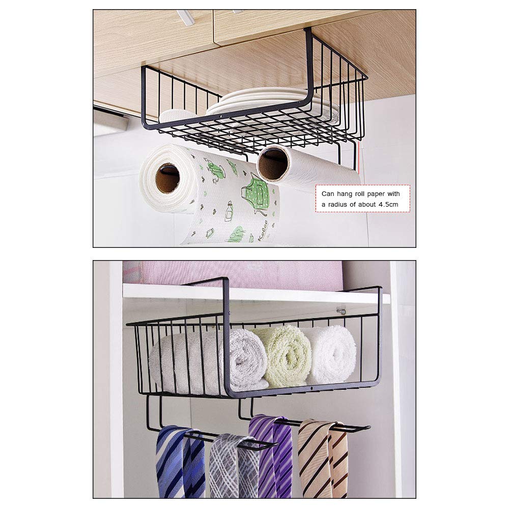 Under Cabinet Storage Shelf, Durable Rust Proof Metal Hanging Wire Basket for Kitchen Office Cabinet (Black)