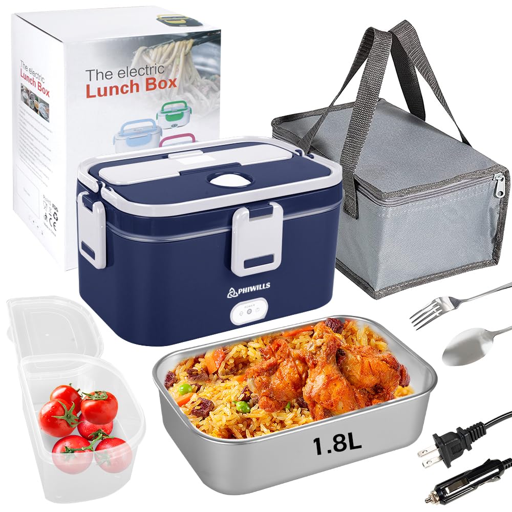 PHIWILLS 80W Electric Lunch Box 1.8L Container Food Warmer Heater, 12V/24V/110V Heated Lunchbox for Car/Truck/Work with 0.45L Compartment, Stainless Steel Spoon & Fork, Insulated Bag