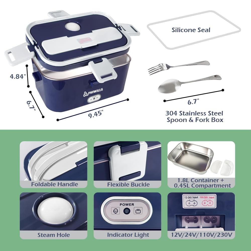 PHIWILLS 80W Electric Lunch Box 1.8L Container Food Warmer Heater, 12V/24V/110V Heated Lunchbox for Car/Truck/Work with 0.45L Compartment, Stainless Steel Spoon & Fork, Insulated Bag