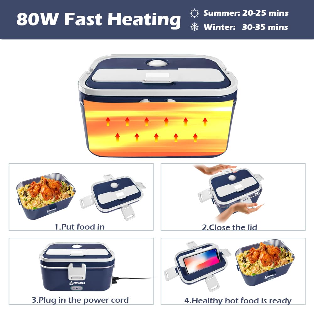 PHIWILLS 80W Electric Lunch Box 1.8L Container Food Warmer Heater, 12V/24V/110V Heated Lunchbox for Car/Truck/Work with 0.45L Compartment, Stainless Steel Spoon & Fork, Insulated Bag