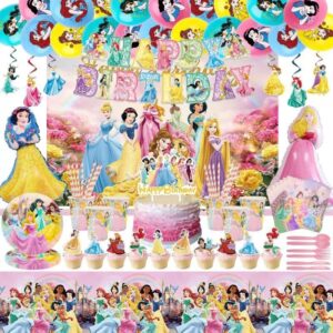 bosmat princess birthday decorations, princess party supplies includes balloons, happy birthday banner, cake＆cupcake topper, plates, napkins, cup, tablecloth , foil balloon and backdrop