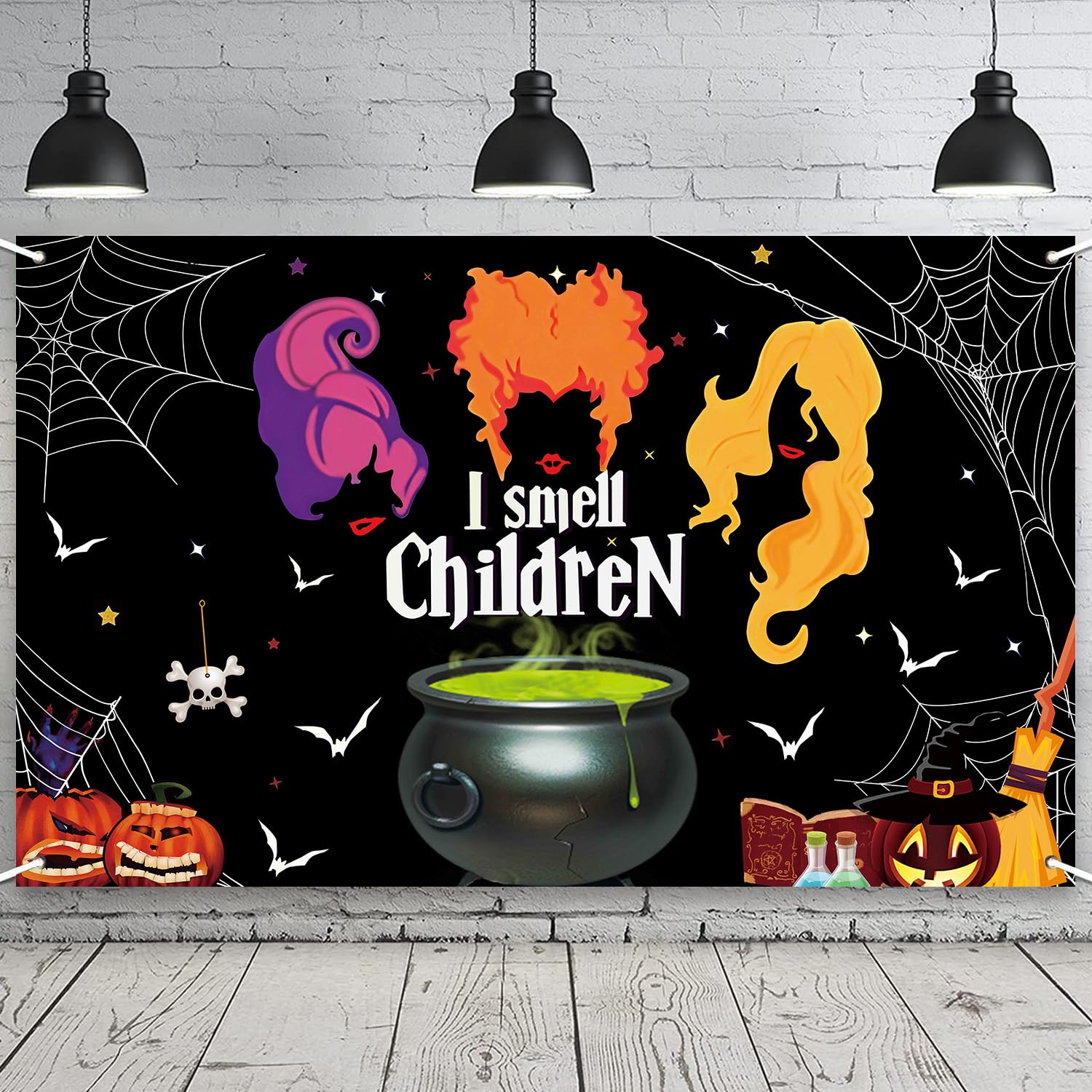 Halloween Hocus Pocus Decorations Party Supplies Banner, Extra Large Witch Sisters Backdrop for Indoor Outdoor Photo Booth Props Video Decor, 73" X 43.3"